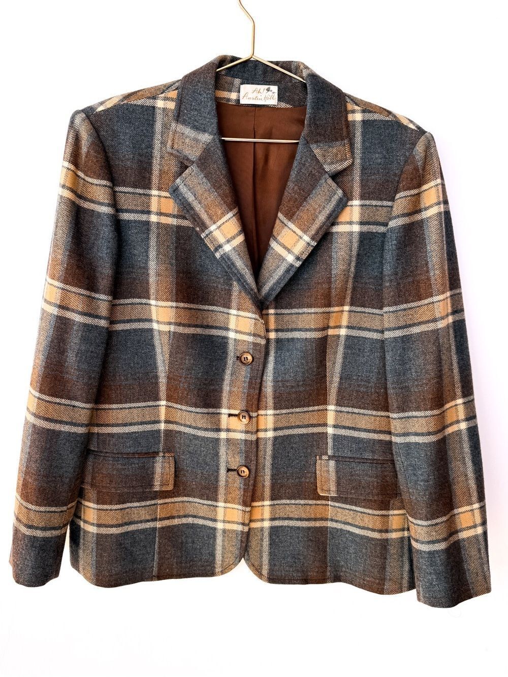 Vintage Ah! Austin Hill Brown Blue Plaid Wool Blazer